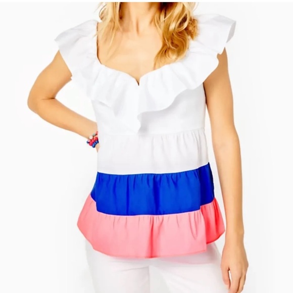 Lilly Pulitzer Tops - Lilly Pulitzer Emie Ruffle Top Resort White Borealis Blue Sz 10 NWT $148